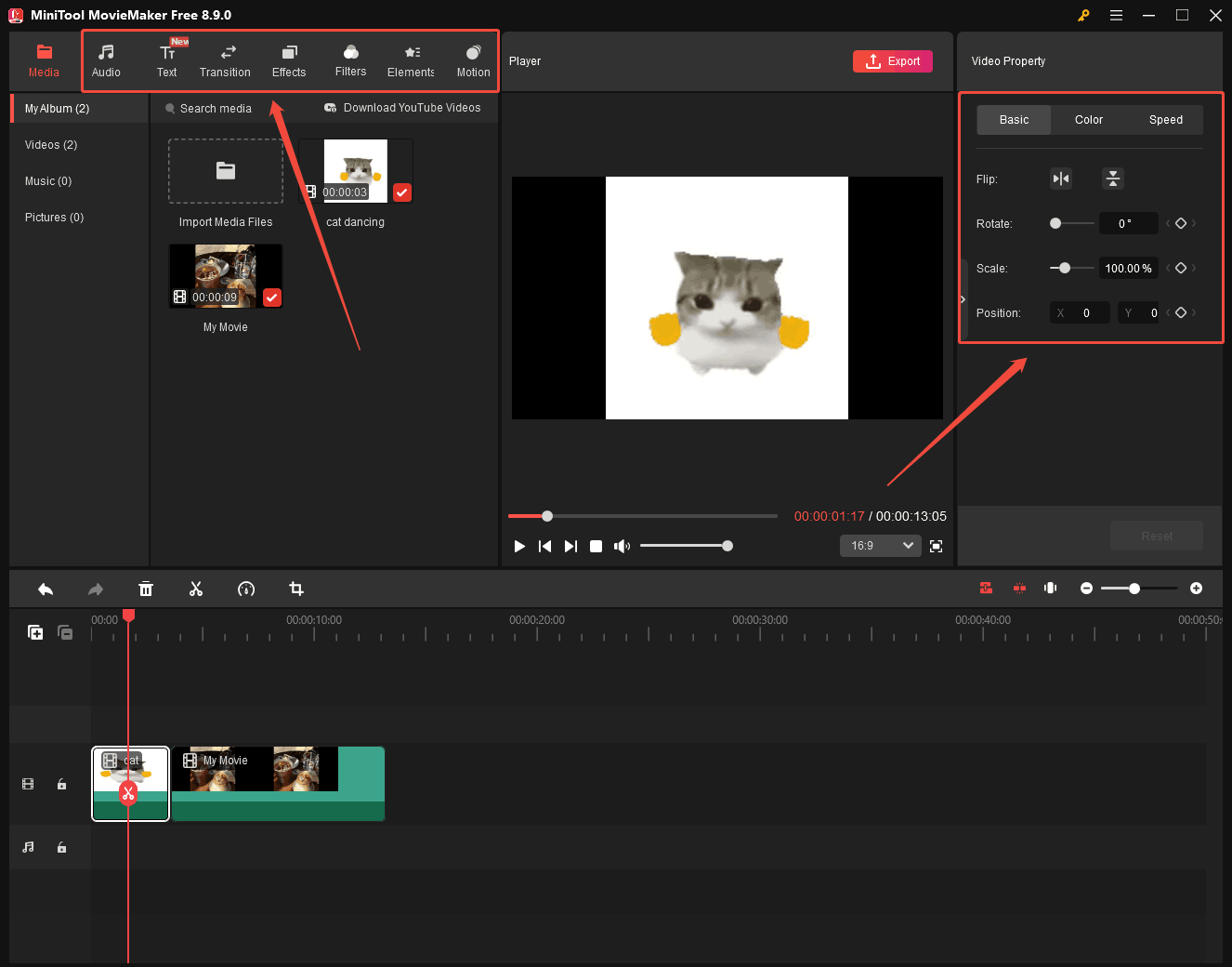 MiniTool MovieMaker interface showing how to edit the GIF image.
