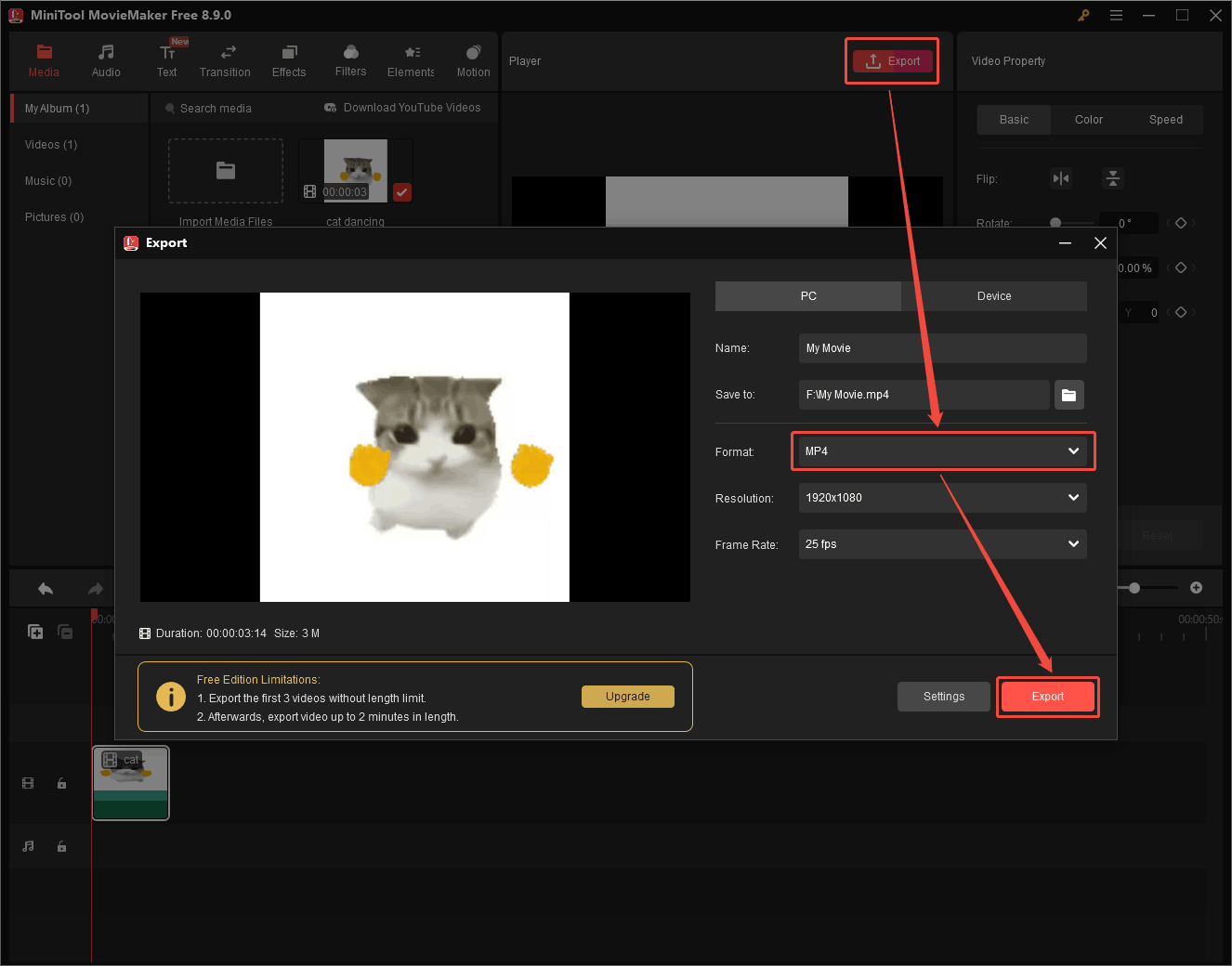 MiniTool MovieMaker Export window showing how to select export format.