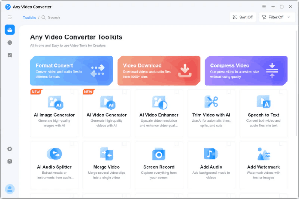 Any Video Converter Toolkits interface.