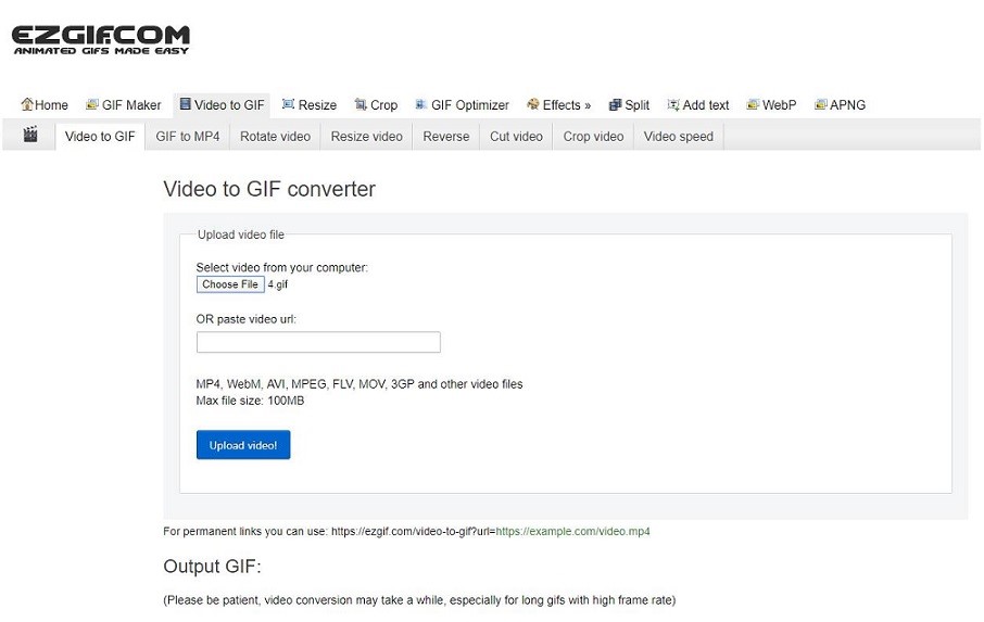 Ezgif interface.