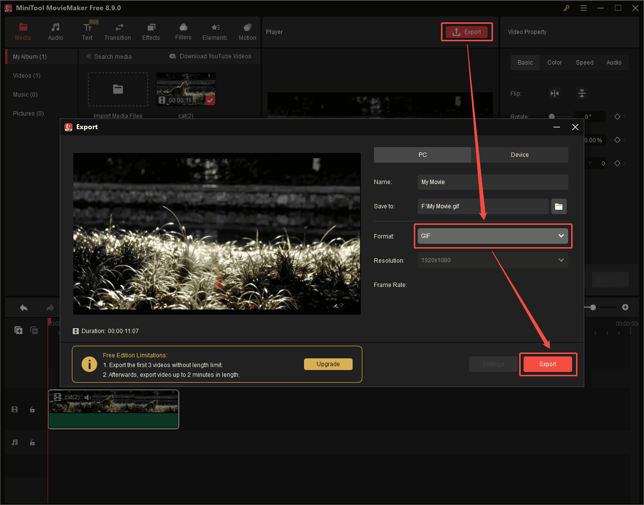 MiniTool MovieMaker Export window showing how to choose GIF as the output format.