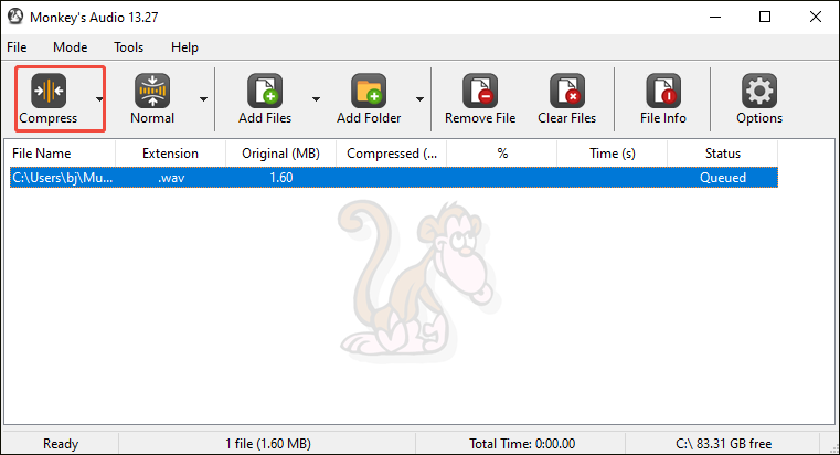 Monkey’s Audio interface with the Compress option selected.