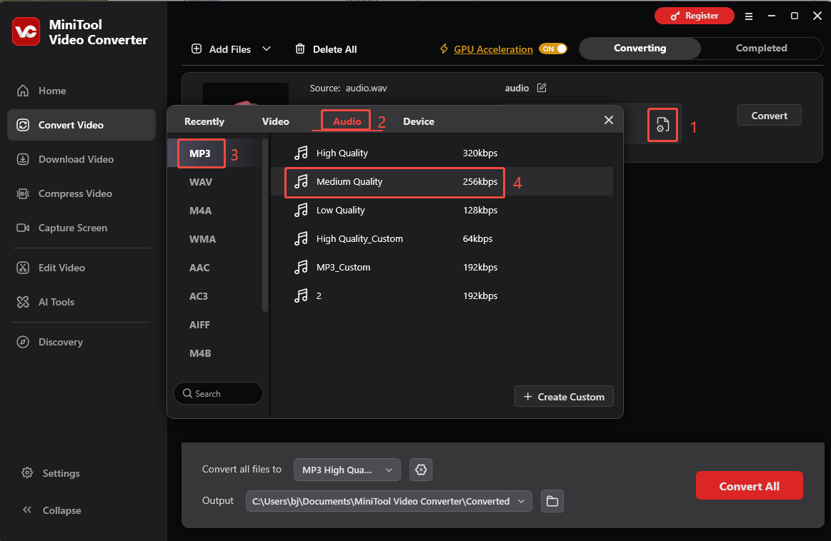 MiniTool Video Converter Convert Video interface showing how to adjust the audio settings.