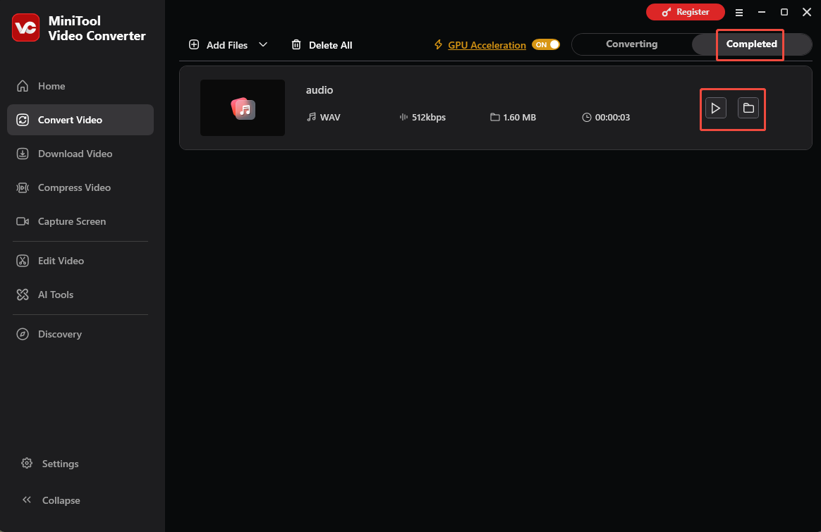 MiniTool Video Converter Convert Video interface with the Play and Folder icons selected under the Completed tab.
