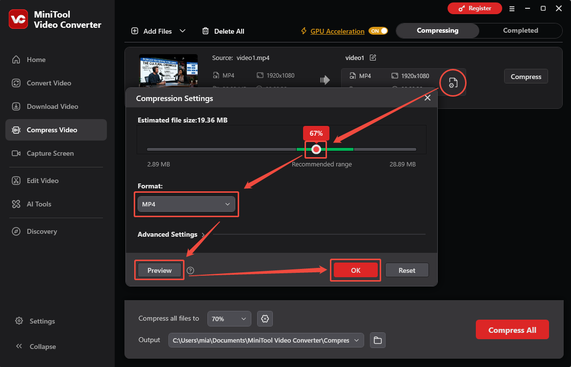 MiniTool Video Converter Compression Settings window showing how to set compression level and output format.