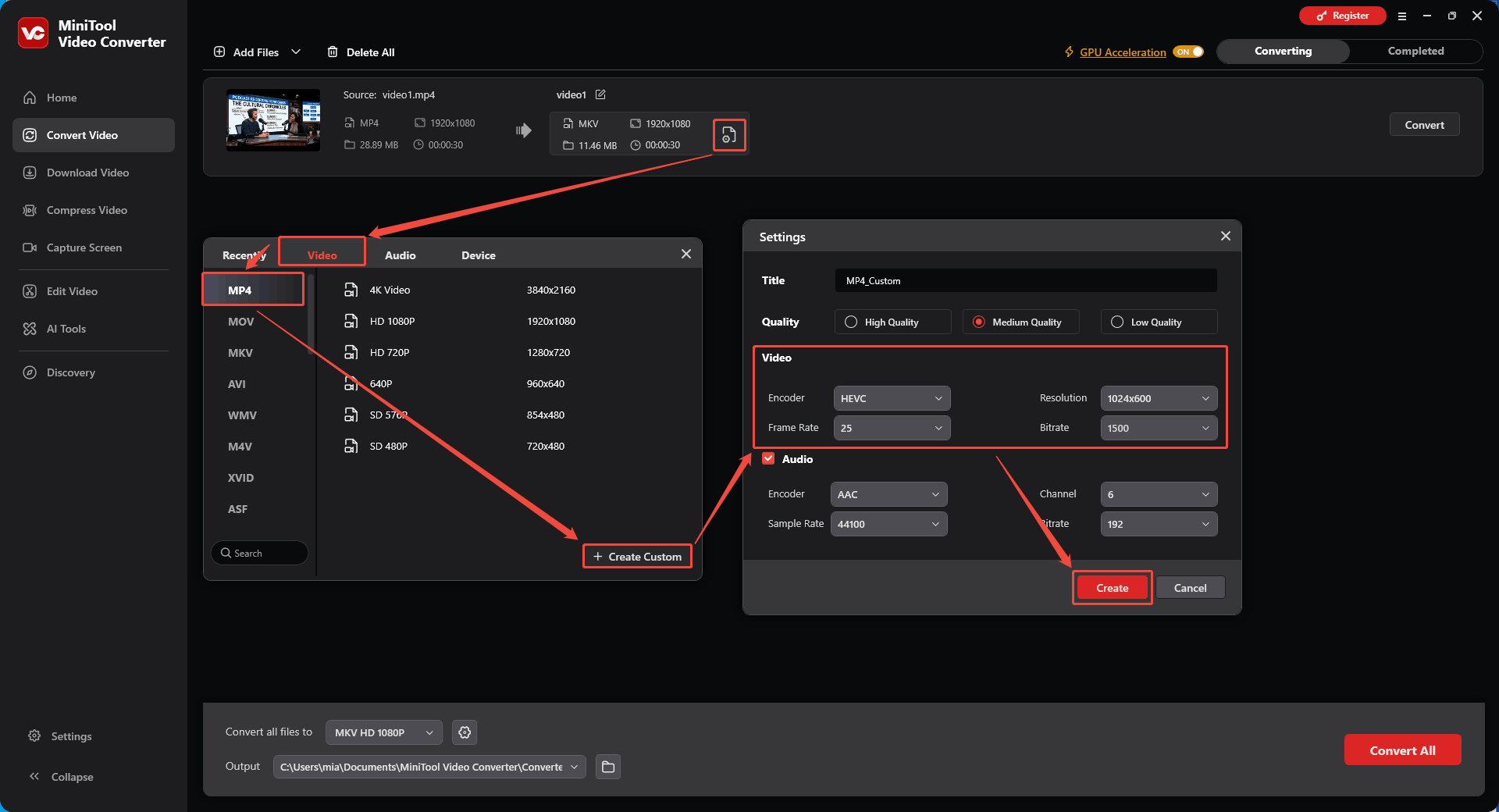 MiniTool Video Converter Convert Video interface showing how to customize the video parameters.