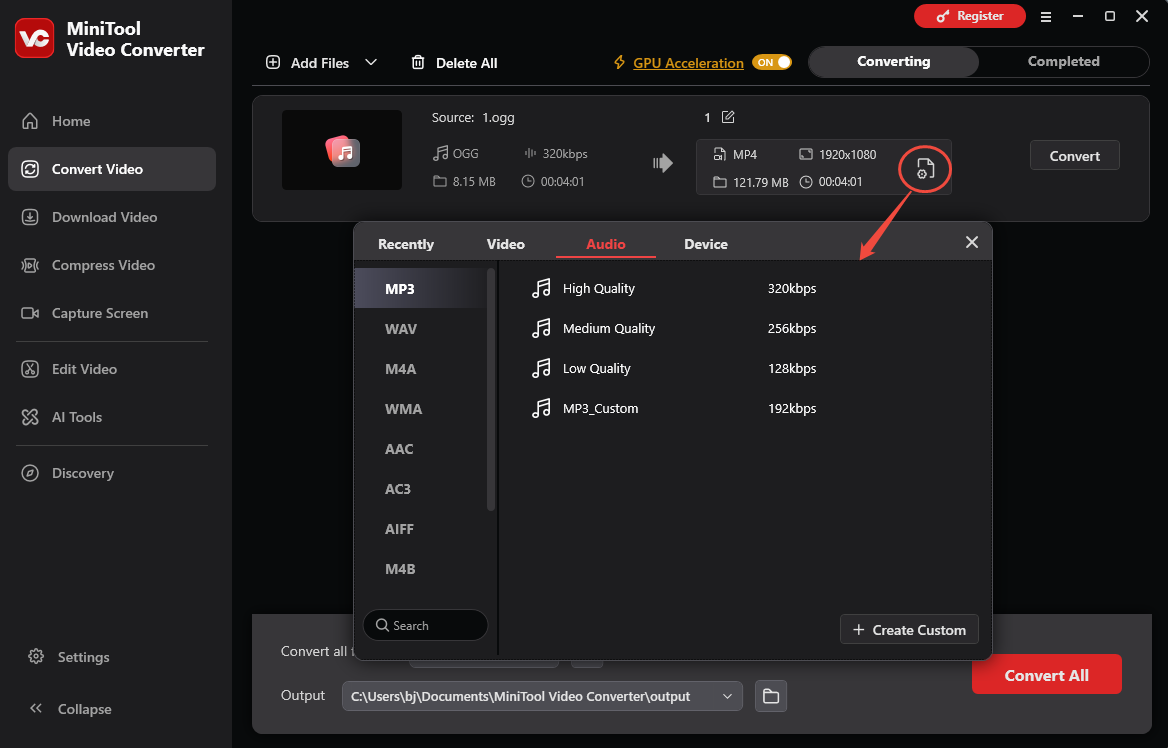 MiniTool Video Converter interface showing how to set the output format to MP3.