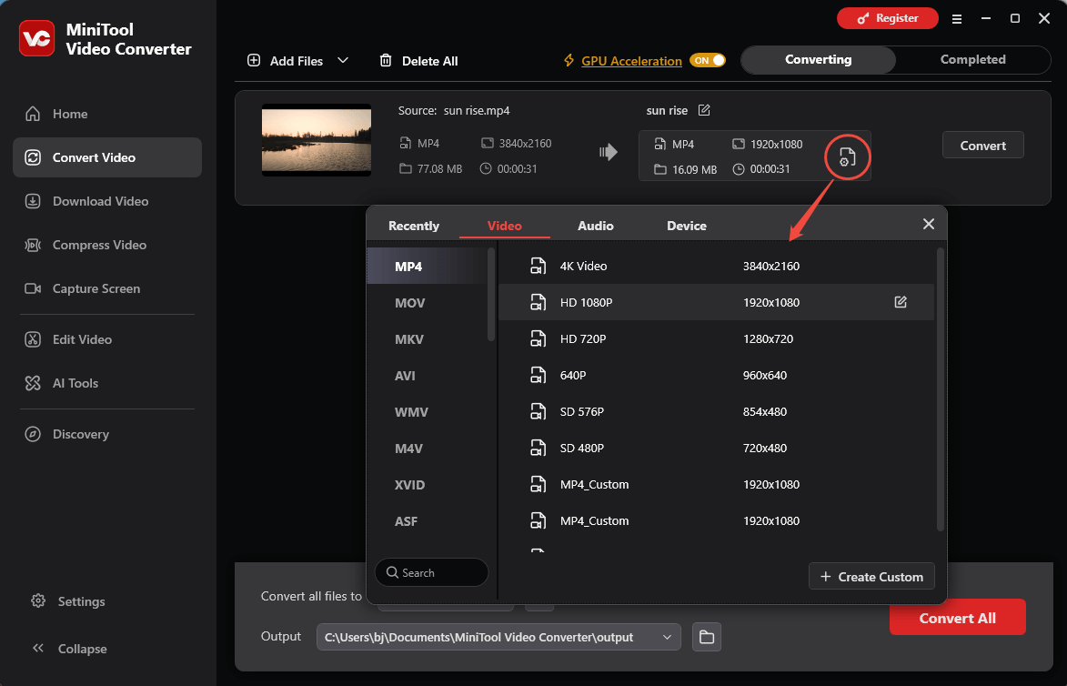 MiniTool Video Converter interface showing how to choose MP4 as the output format.