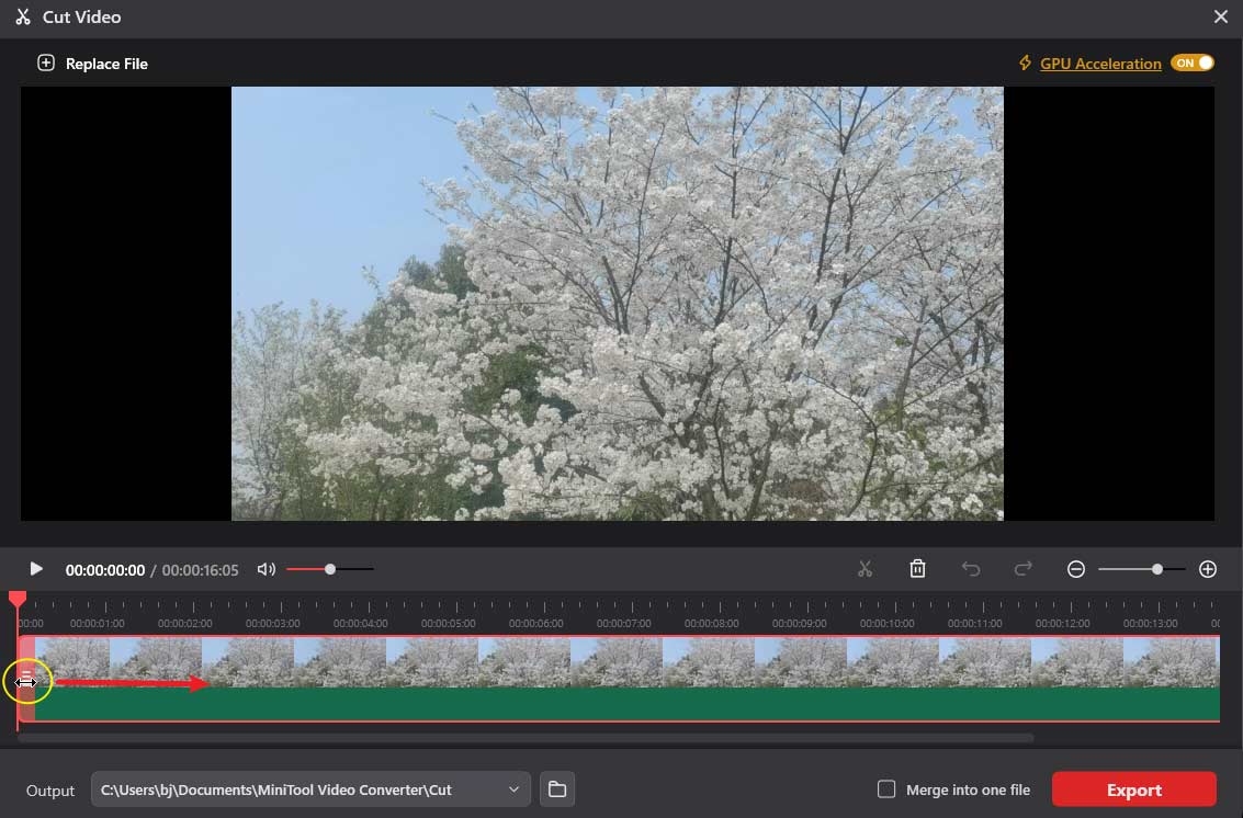 The Cut Video window with a highlighted trim icon on the timeline in MiniTool Video Converter.