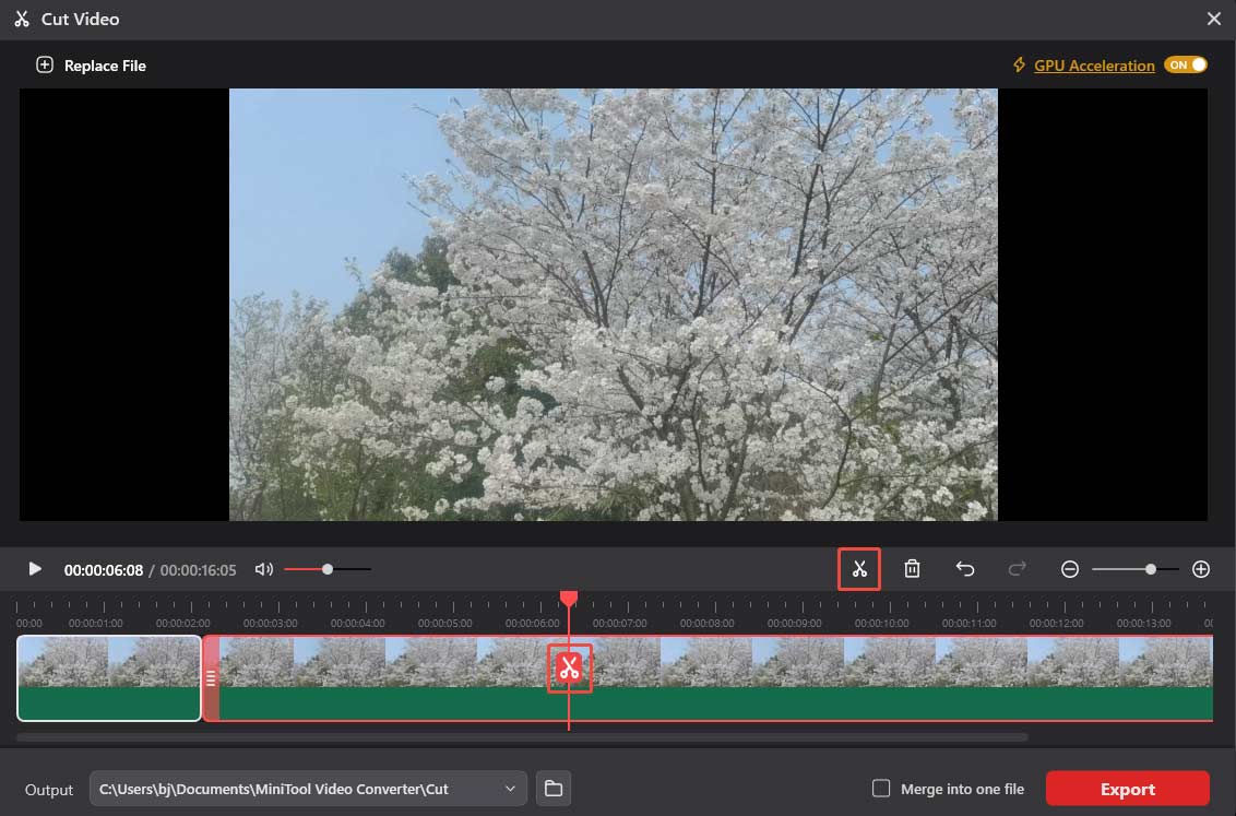 The Cut Video window with two highlighted cut icons on the timeline in MiniTool Video Converter.