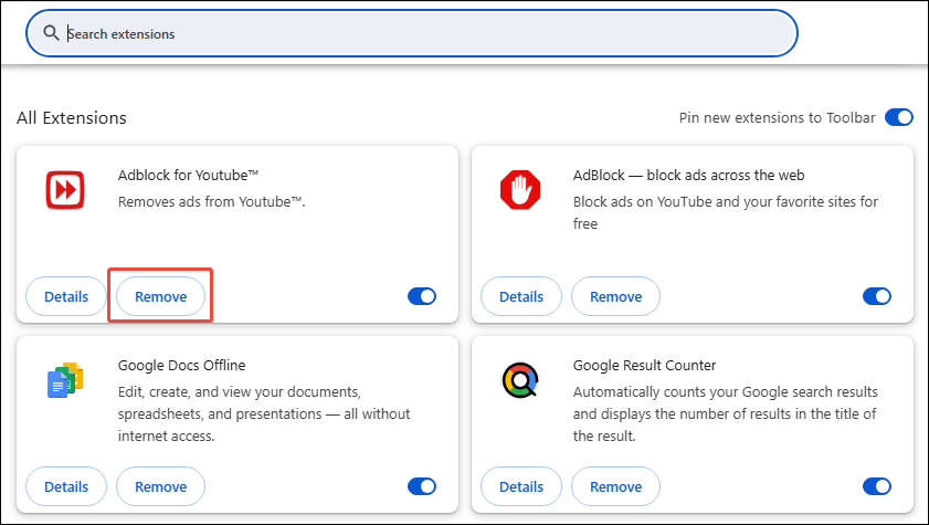 The highlighted Remove button of the Adblock for YouTube extension in Chrome.