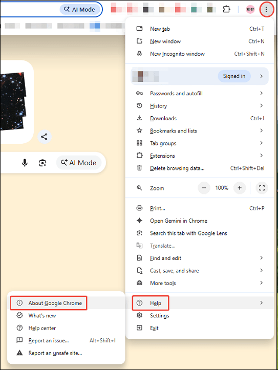 A Chrome tab showing the highlighted three-dot icon, Help, and About Google Chrome options.