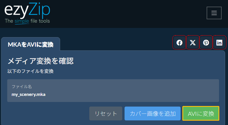 ezyZipでMKAファイルをAVIに変換する画面