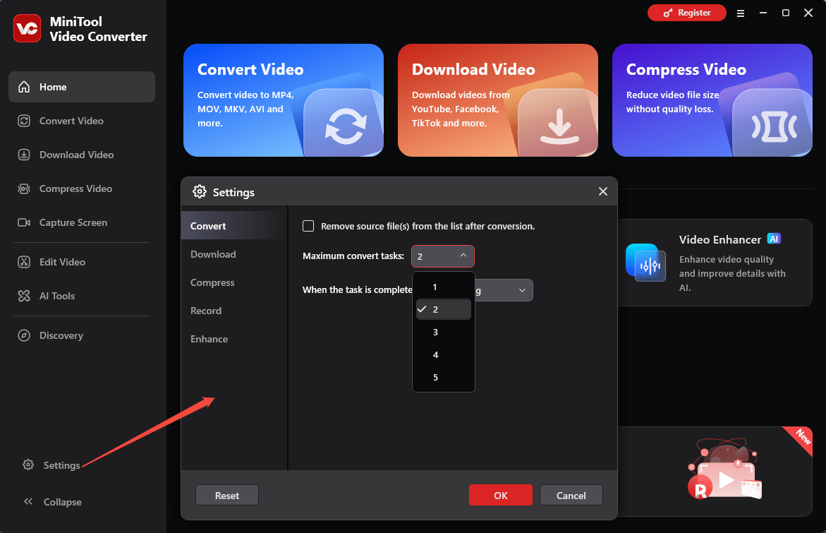 MiniTool Video Converter home page showing how to change the maximum number of conversion tasks.