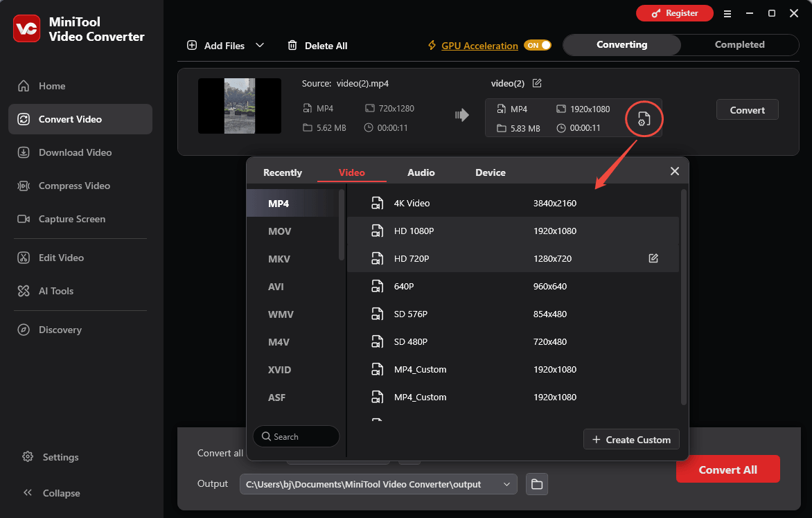 MiniTool Video Converter interface showing how to set the output format to MP4.