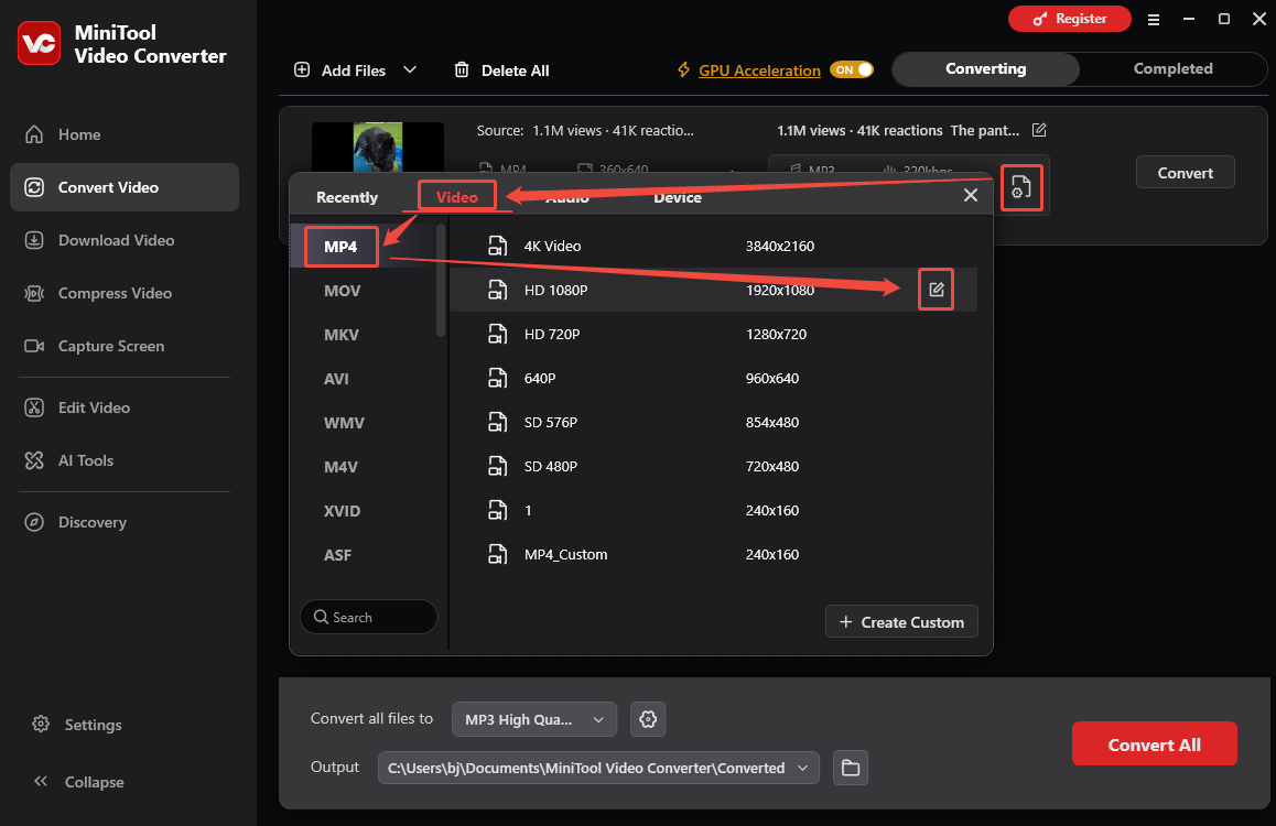 MiniTool Video Converter showing how to choose an output format and resolution.