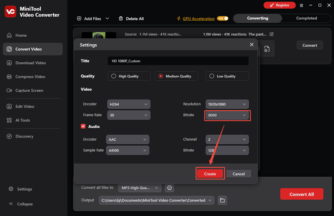 MiniTool Video Converter Convert Video interface showing how to change a video bitrate.