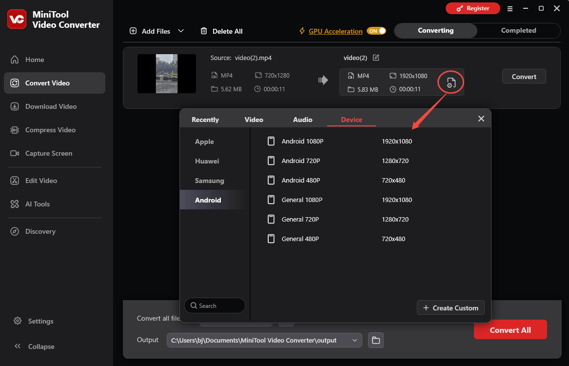 MiniTool Video Converter interface showing how to set the output format.