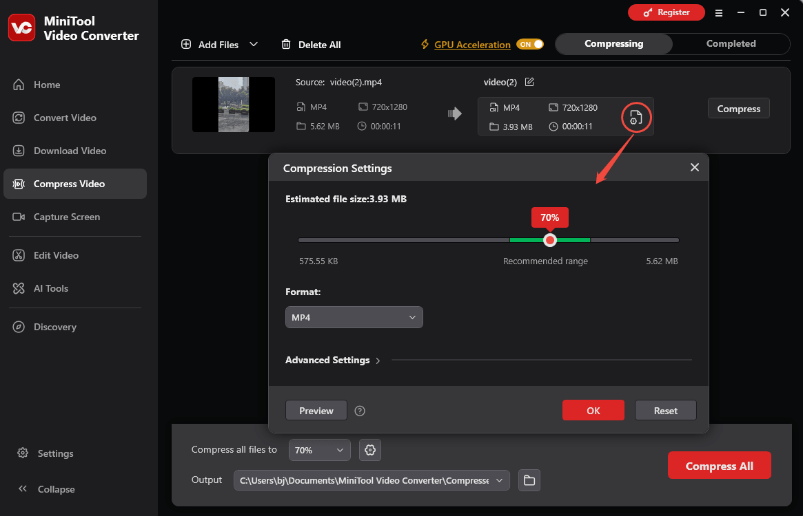 MiniTool Video Converter interface showing how to open the compression settings window.