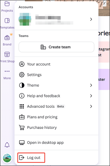 The highlighted Log Out option on the main interface of the Canva website.