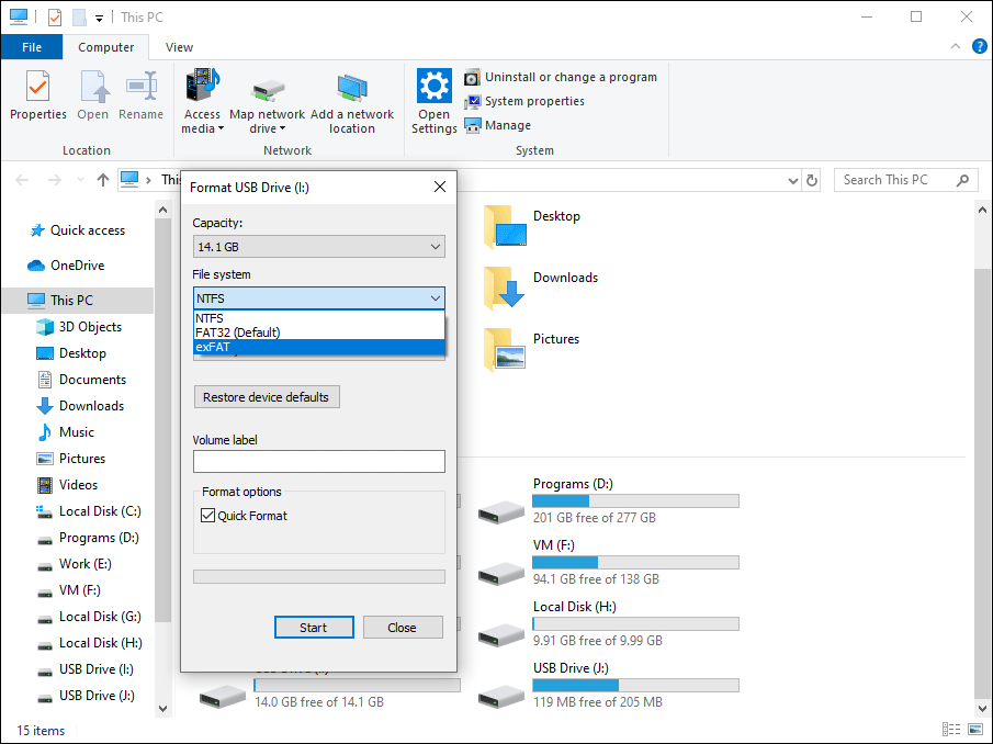 format USB file system in File Explorer