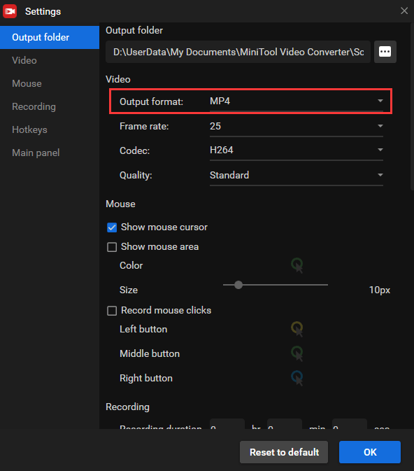 MiniTool Screen Recorder record settings