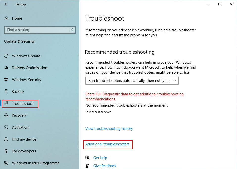 click Additional troubleshooters