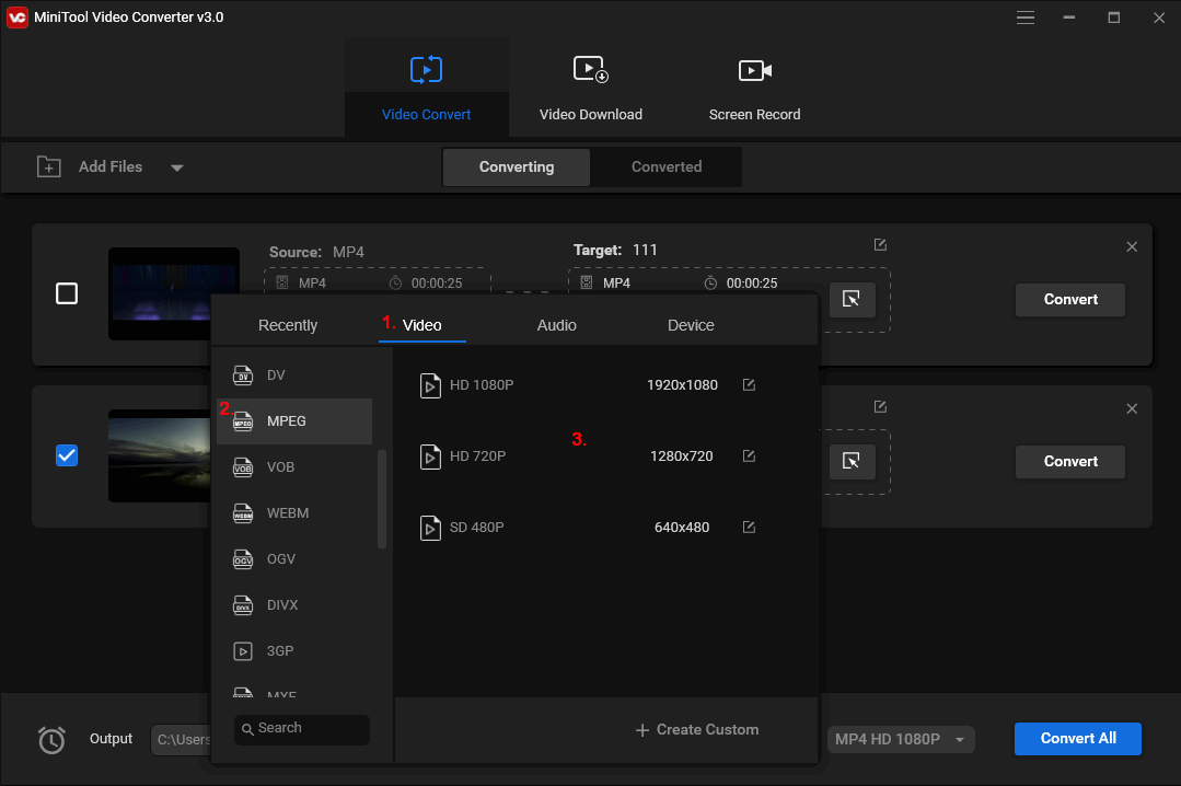 Adjust output format and settings