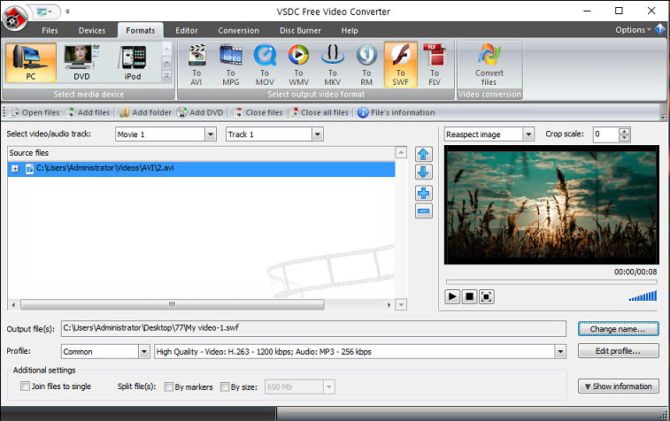 convert AVI to SWF via VSDC Free Video Converter