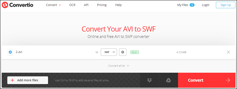 convert AVI to SWF via Convertio