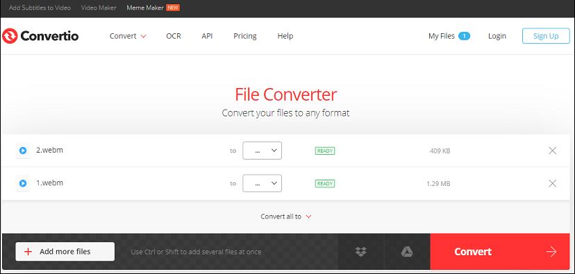convert WebM to MOV online via Convertio