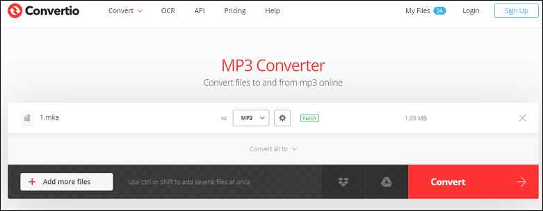 convert MKA to MP3 with Convertio