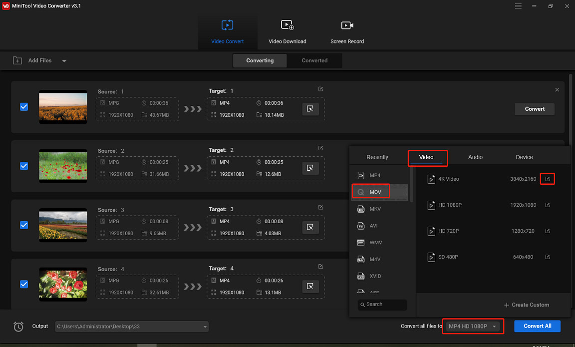 select MOV as output format in MiniTool Video Converter