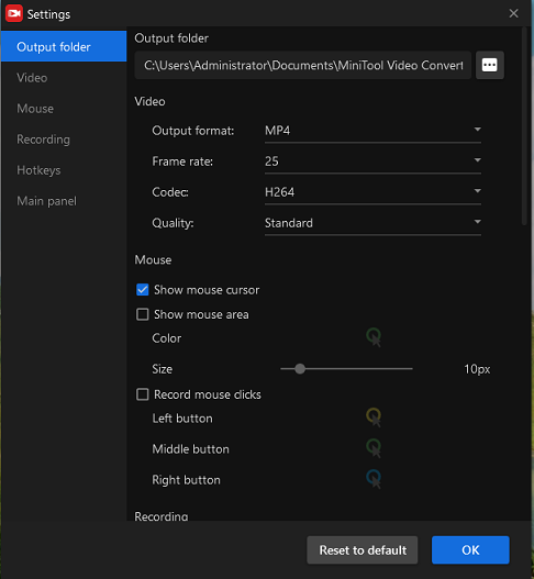 make settings in MiniTool Screen Recorder