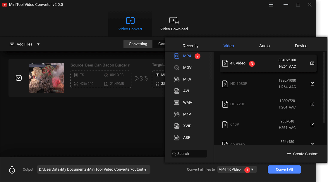 select video format and resolution