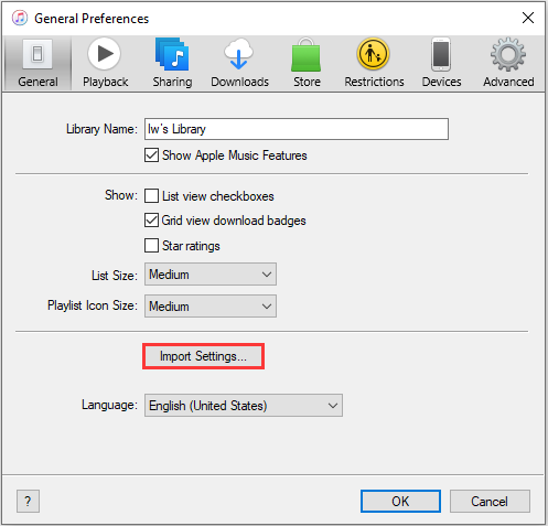 click Import Settings… under the General tab