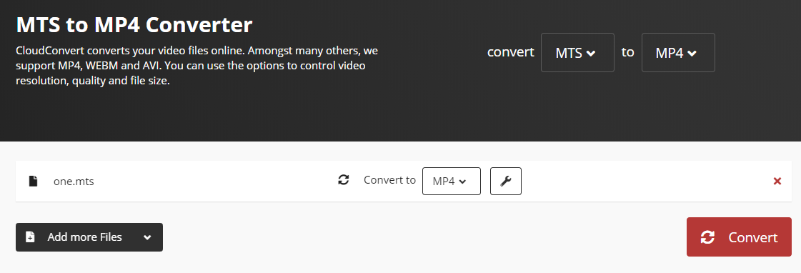 convert MTS to MP4 with CloudConvert