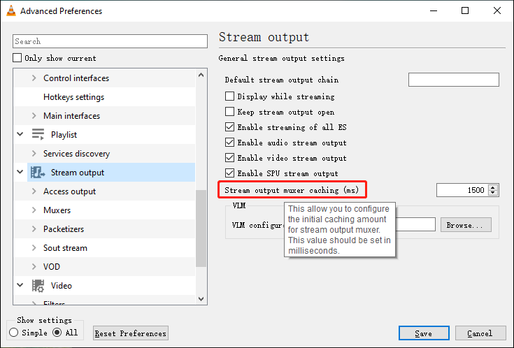 Change the VLC buffer settings