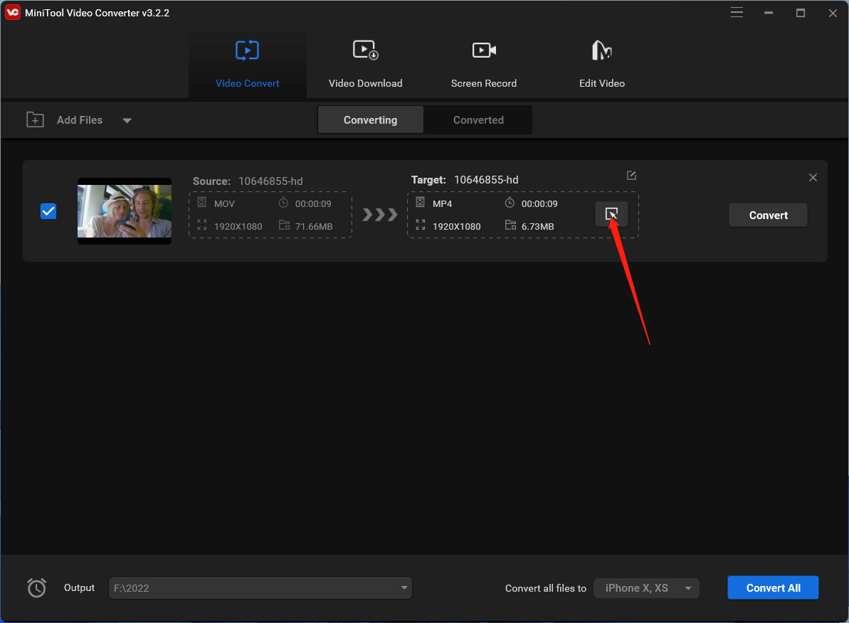 click settings to set up the target video