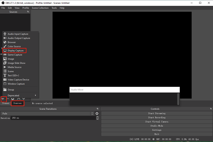 enable display capture in OBS