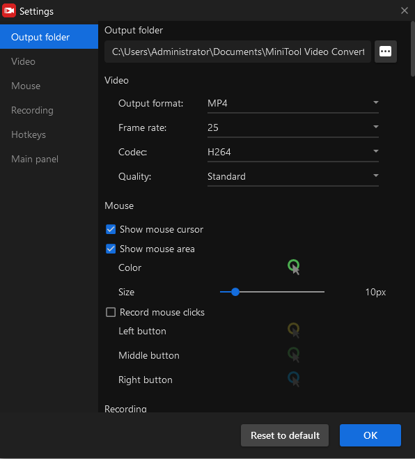 make settings in MiniTool Screen Recorder