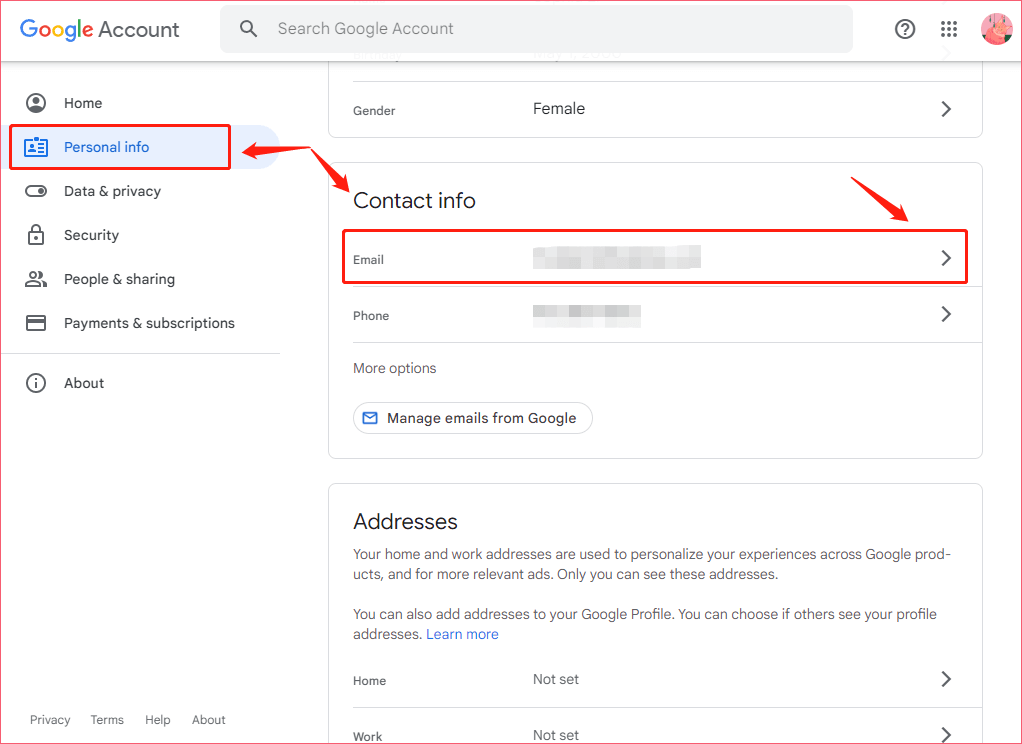 click the Personal info tab and the Email option