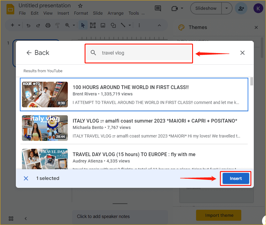 search a YouTube video in Google Slides
