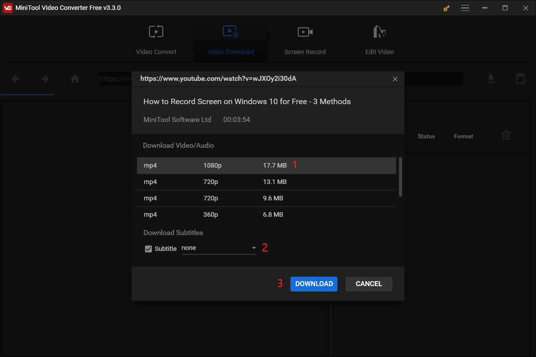 select output format and subtitle to download