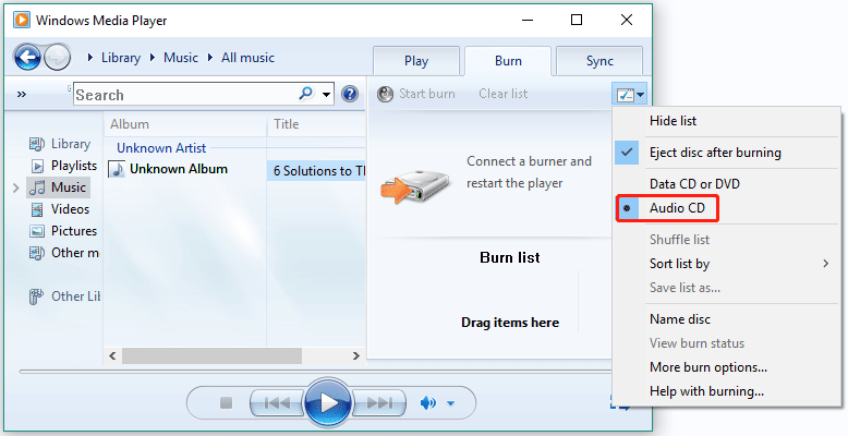 choose Audio CD from the Burn options menu