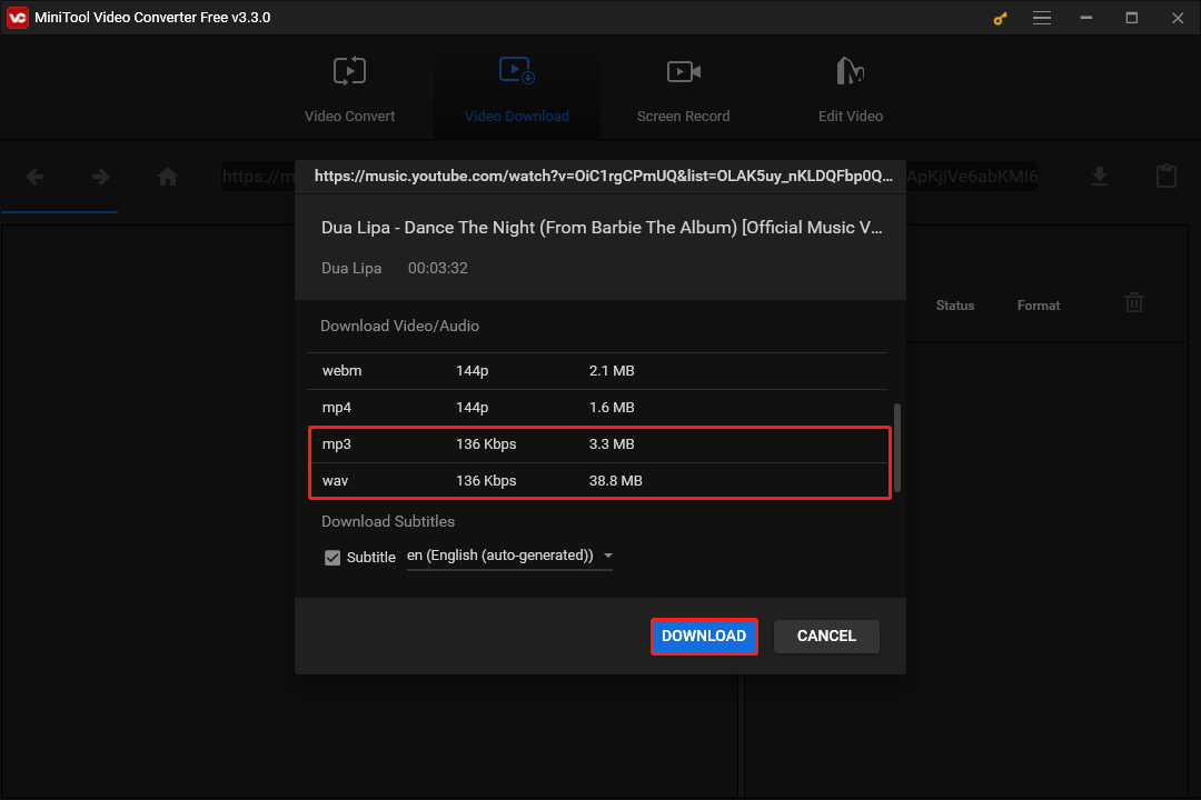 select the output song format and click DOWNLOAD