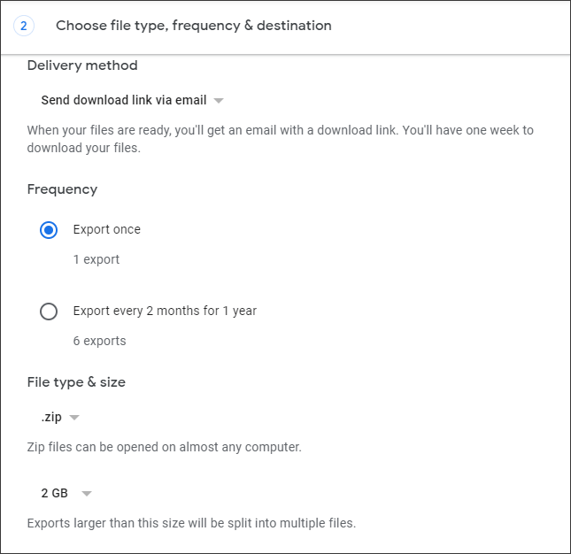 Choose export frequency and file type