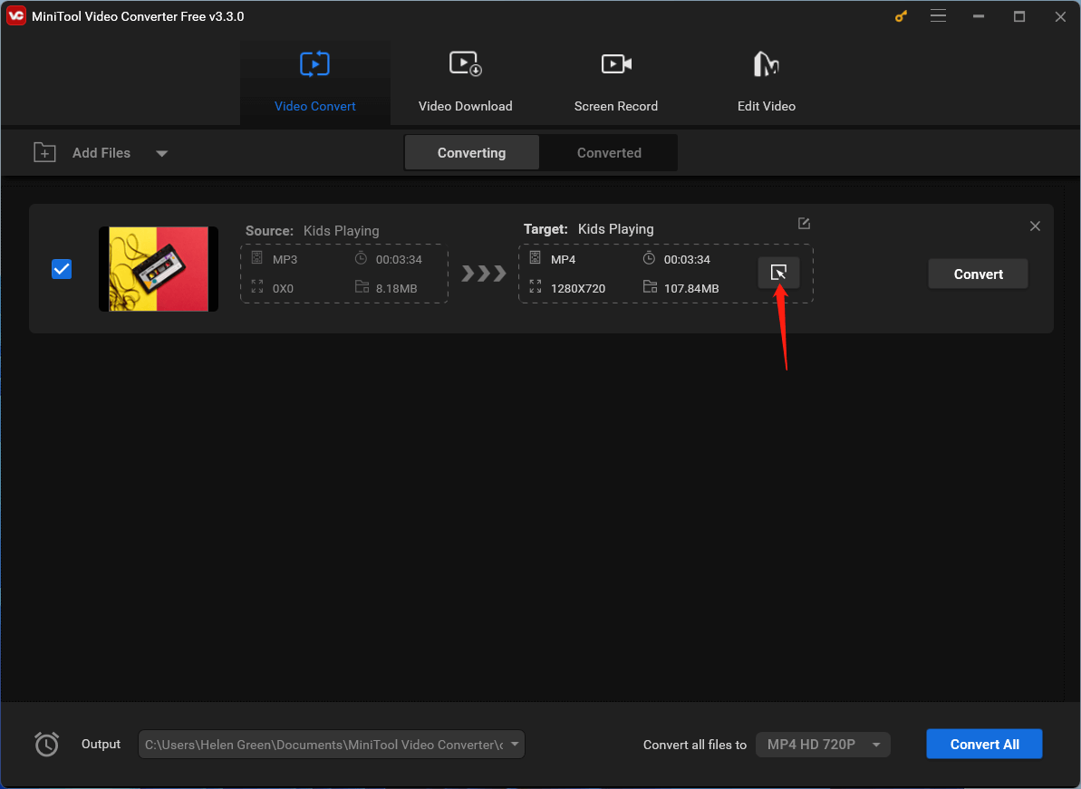 click settings icon to specify output file format