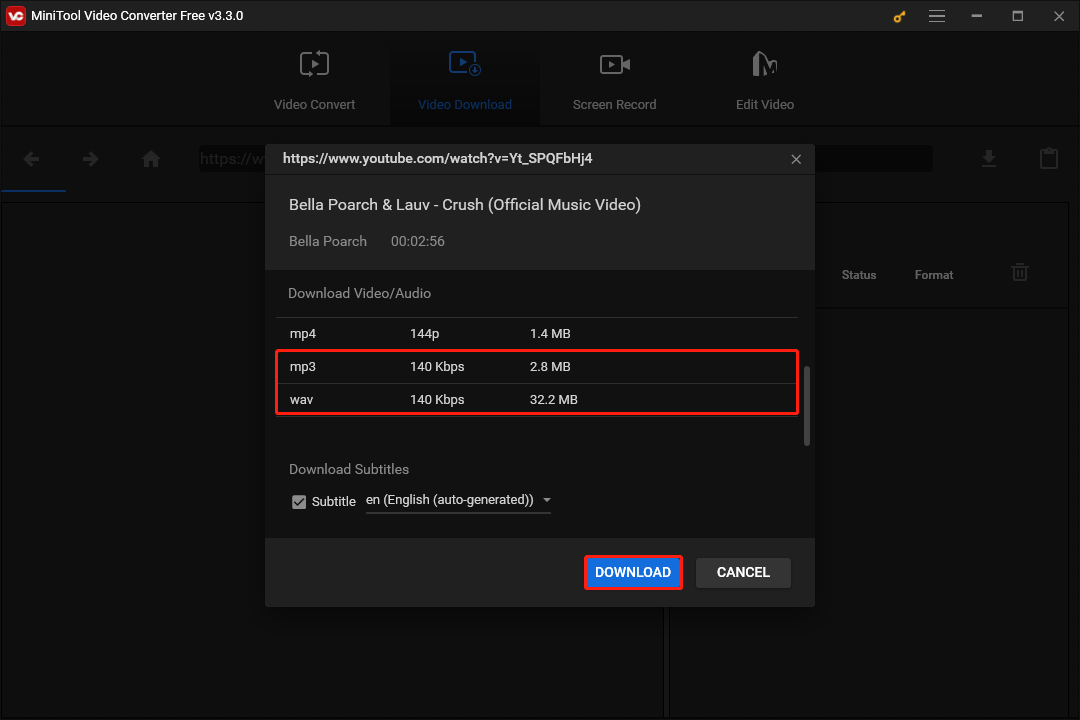 select the output audio format and click the DOWNLOAD button