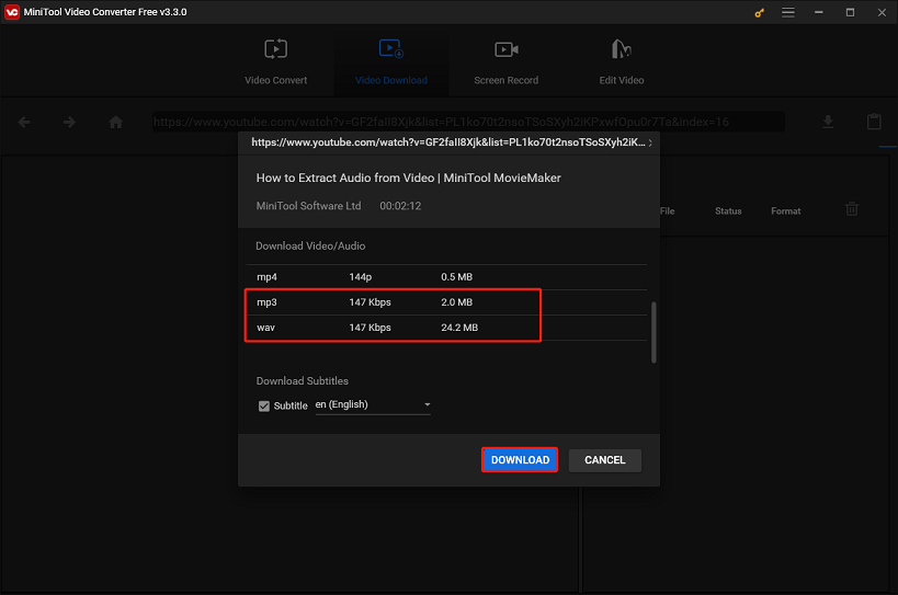 select the output format and click DOWNLOAD